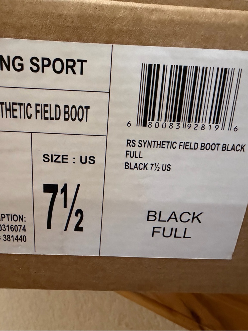 Riding Sport Field Boot - Black (Size 7½ US)